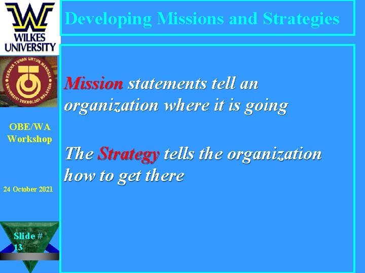Developing Missions and Strategies Mission statements tell an organization where it is going OBE/WA