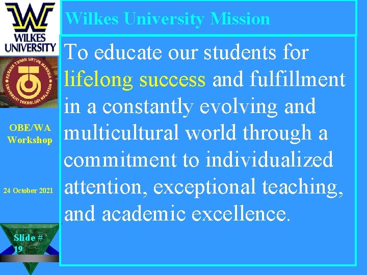 Wilkes University Mission OBE/WA Workshop 24 October 2021 Slide # 19 To educate our