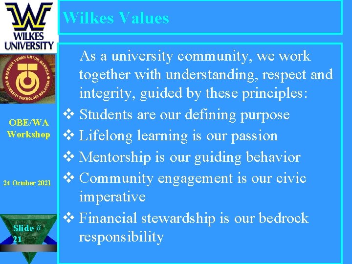 Wilkes Values OBE/WA Workshop 24 October 2021 Slide # 21 As a university community,