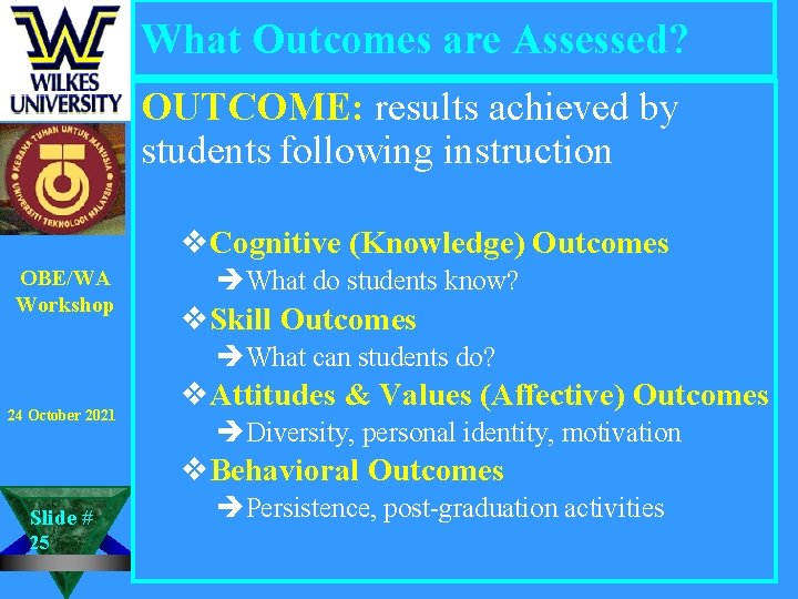 What Outcomes are Assessed? OUTCOME: results achieved by students following instruction v. Cognitive (Knowledge)