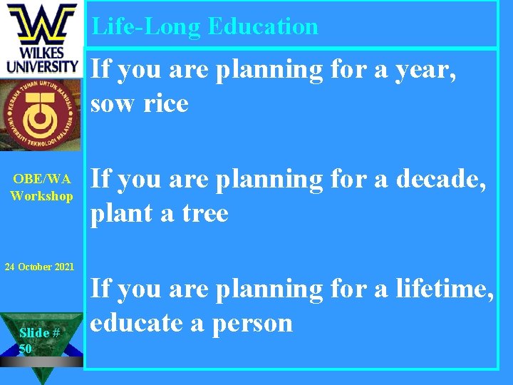 Life-Long Education If you are planning for a year, sow rice OBE/WA Workshop 24