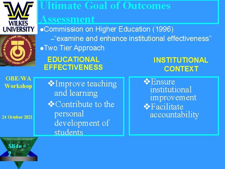 Ultimate Goal of Outcomes Assessment l. Commission on Higher Education (1996) –“examine and enhance