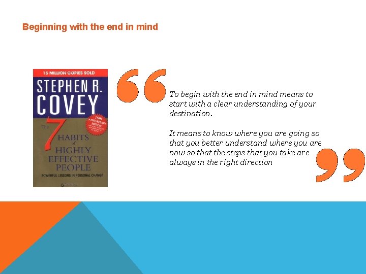 Beginning with the end in mind To begin with the end in mind means