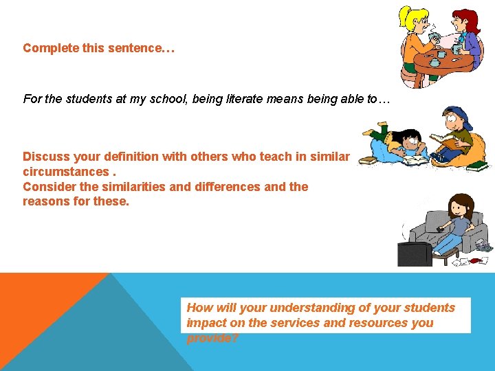 Complete this sentence… For the students at my school, being literate means being able