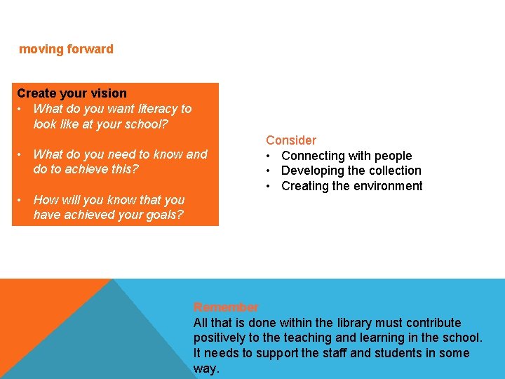 moving forward Create your vision • What do you want literacy to look like