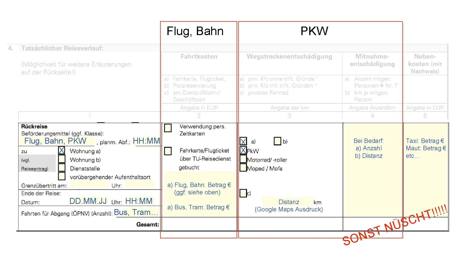 Flug, Bahn, PKW HH: MM PKW Bei Bedarf: a) Anzahl b) Distanz X X