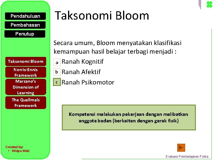 Pendahuluan Pembahasan Taksonomi Bloom Penutup Taksonomi Bloom Norris-Ennis Framework Marzano’s Dimension of Learning Secara