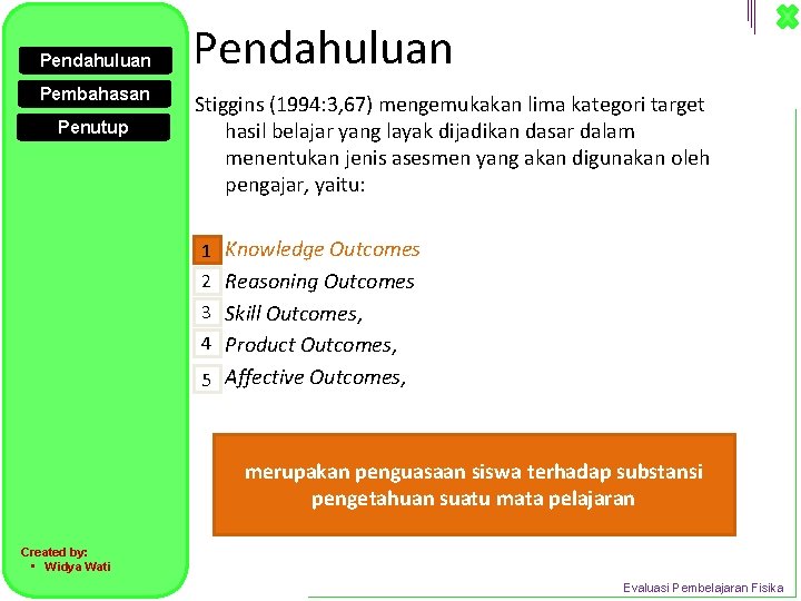 Pendahuluan Pembahasan Penutup Pendahuluan Stiggins (1994: 3, 67) mengemukakan lima kategori target hasil belajar