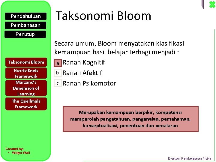 Pendahuluan Pembahasan Taksonomi Bloom Penutup Taksonomi Bloom Norris-Ennis Framework Marzano’s Dimension of Learning The