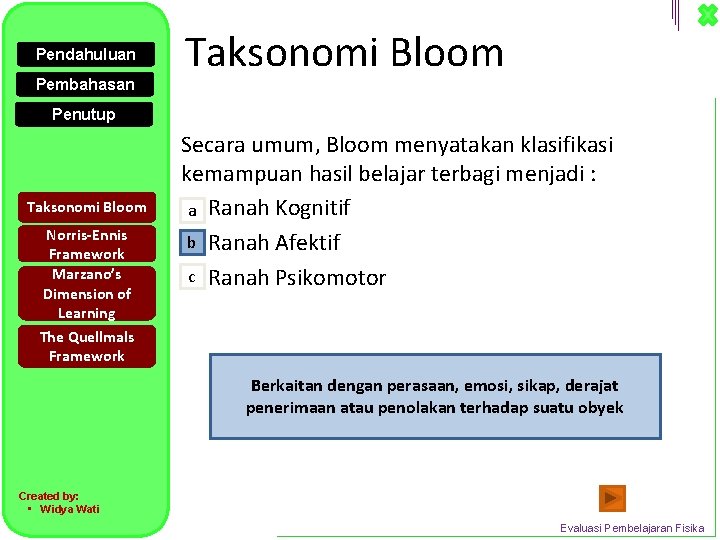 Pendahuluan Pembahasan Taksonomi Bloom Penutup Taksonomi Bloom Norris-Ennis Framework Marzano’s Dimension of Learning Secara