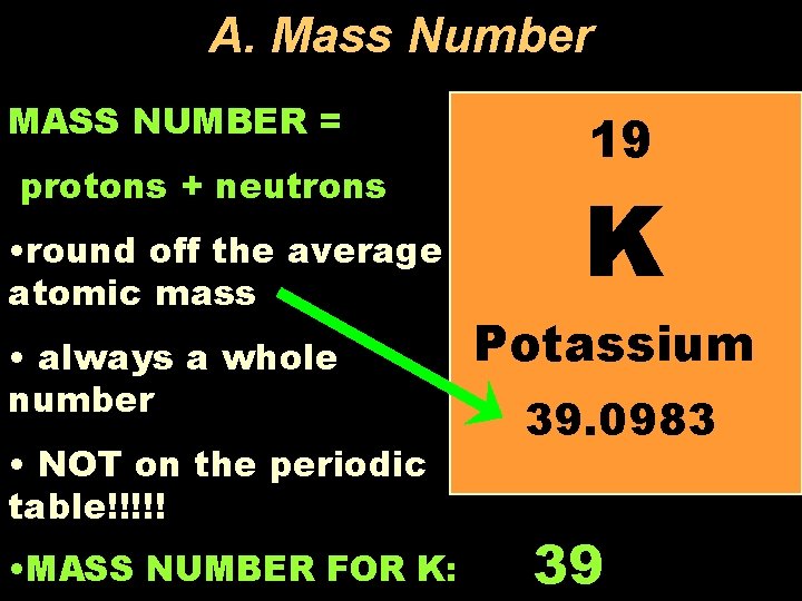 A. Mass Number MASS NUMBER = protons + neutrons • round off the average
