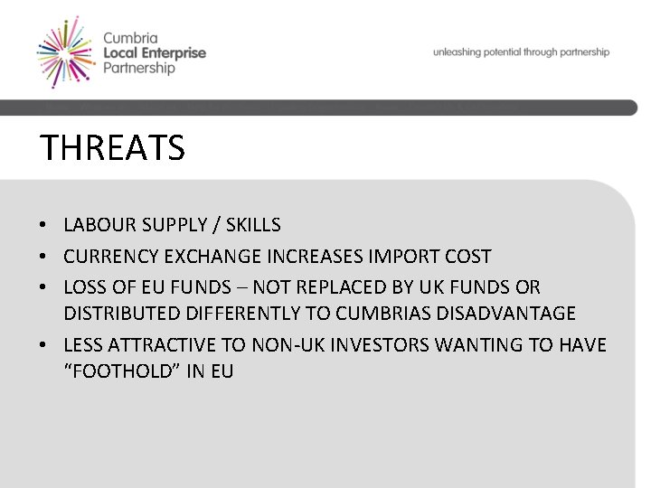 THREATS • LABOUR SUPPLY / SKILLS • CURRENCY EXCHANGE INCREASES IMPORT COST • LOSS