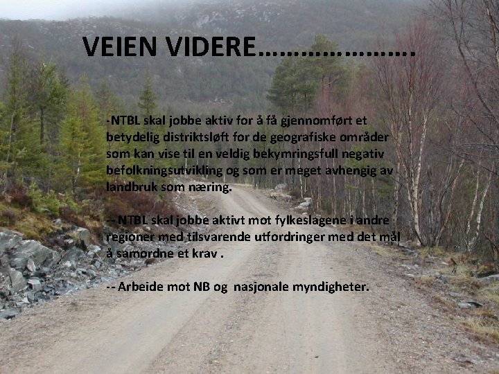 VEIEN VIDERE…………………. -NTBL skal jobbe aktiv for å få gjennomført et betydelig distriktsløft for