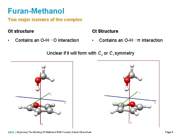 Furan-Methanol Two major isomers of the complex Ot structure Ct Structure • • Contains