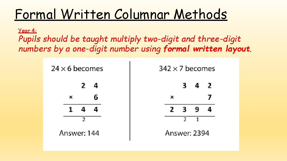 Formal Written Columnar Methods Year 4: Pupils should be taught multiply two-digit and three-digit