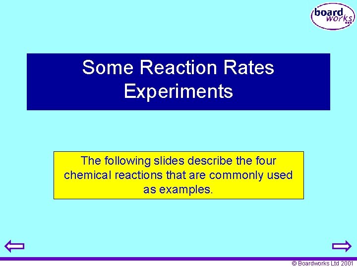 Some Reaction Rates Experiments The following slides describe the four chemical reactions that are