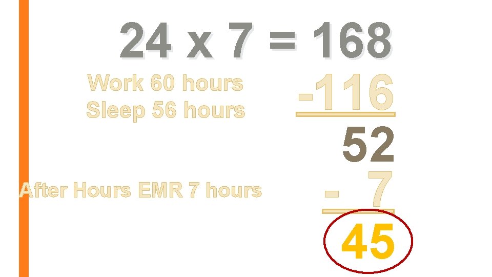 24 x 7 = 168 Work 60 hours -116 Sleep 56 hours 52 After
