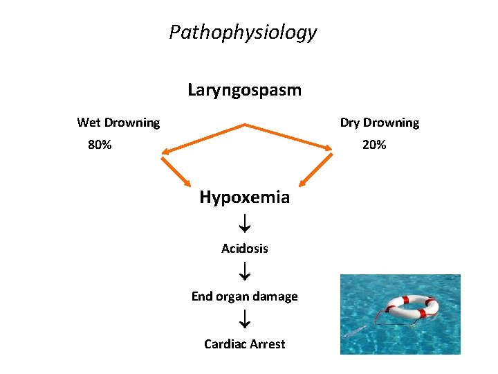 Pathophysiology Laryngospasm Wet Drowning Dry Drowning 80% 20% Hypoxemia Acidosis End organ damage Cardiac