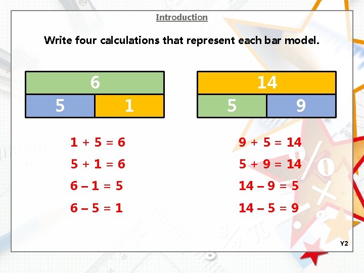 Introduction Write four calculations that represent each bar model. 6 5 14 1 5