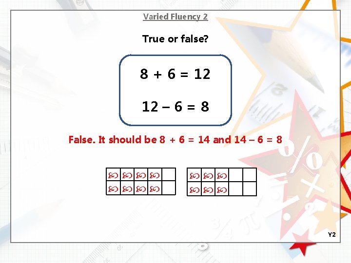 Varied Fluency 2 True or false? 8 + 6 = 12 12 – 6