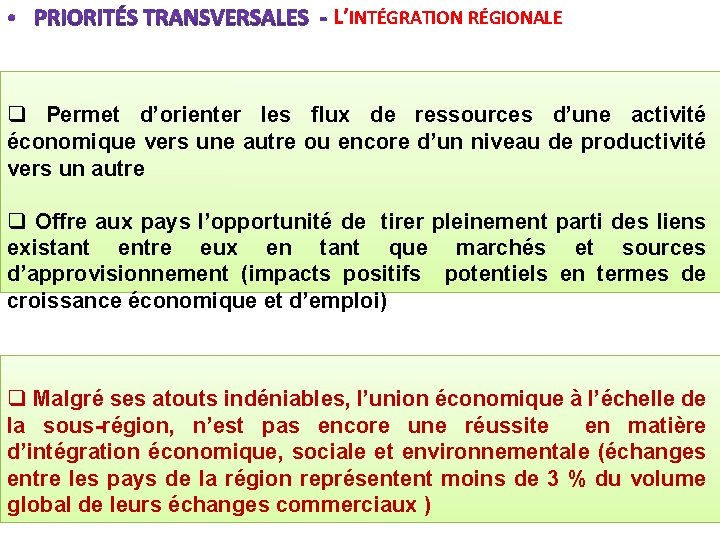 L’INTÉGRATION RÉGIONALE q Permet d’orienter les flux de ressources d’une activité économique vers une