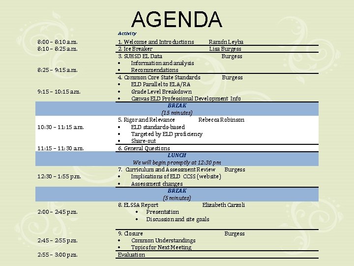 AGENDA Activity 8: 00 – 8: 10 a. m. 8: 10 – 8: 25