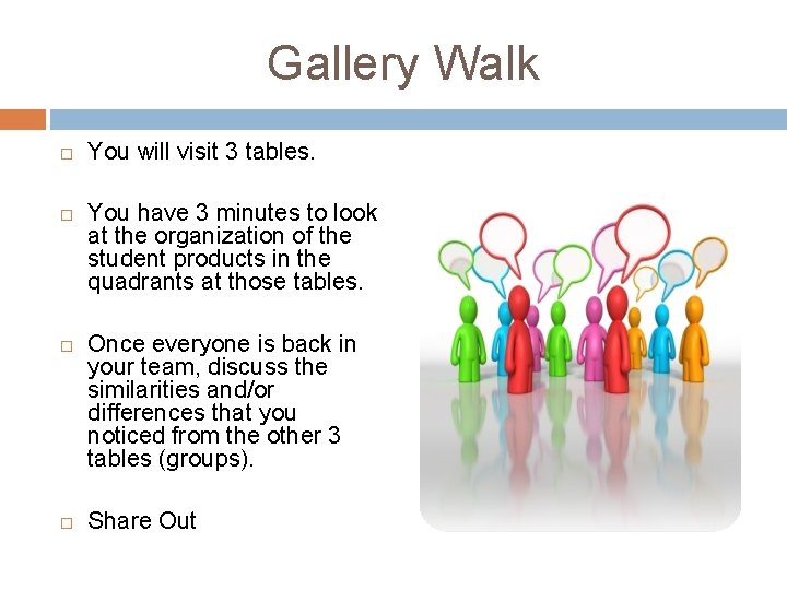 Gallery Walk You will visit 3 tables. You have 3 minutes to look at