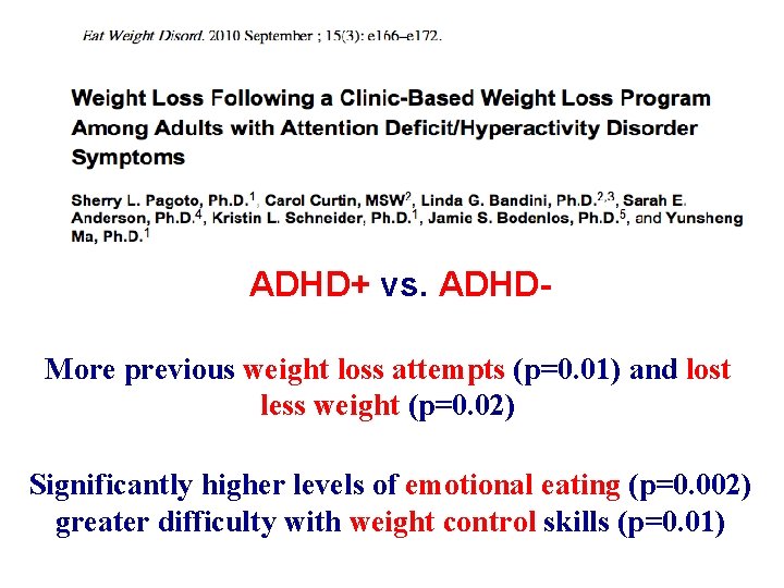 ADHD+ vs. ADHDMore previous weight loss attempts (p=0. 01) and lost less weight (p=0.