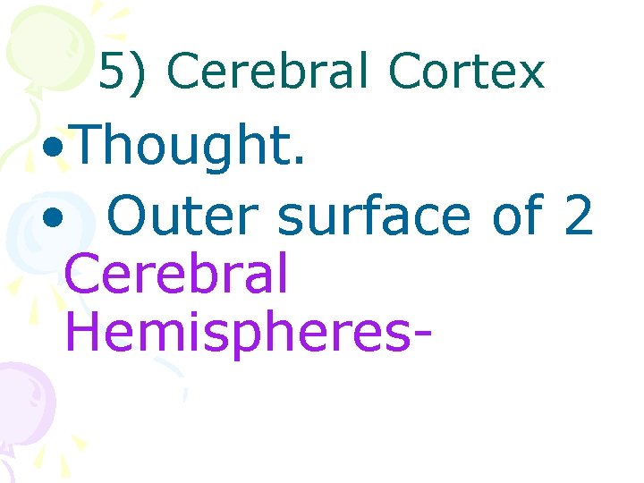 5) Cerebral Cortex • Thought. • Outer surface of 2 Cerebral Hemispheres- 