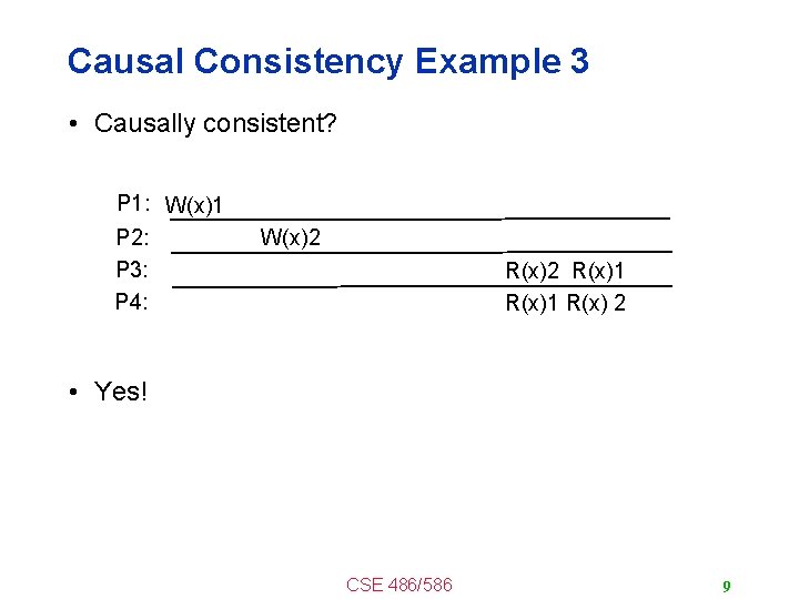 Causal Consistency Example 3 • Causally consistent? P 1: W(x)1 P 2: P 3: