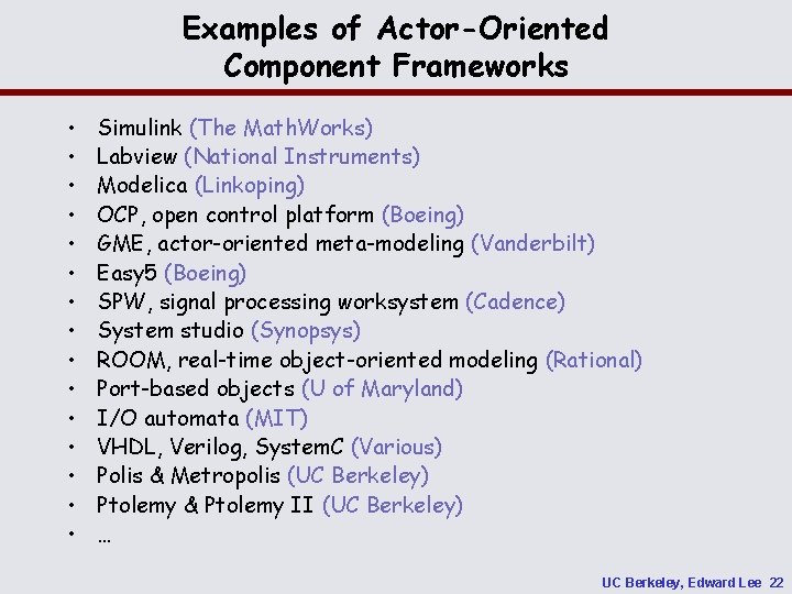 Examples of Actor-Oriented Component Frameworks • • • • Simulink (The Math. Works) Labview