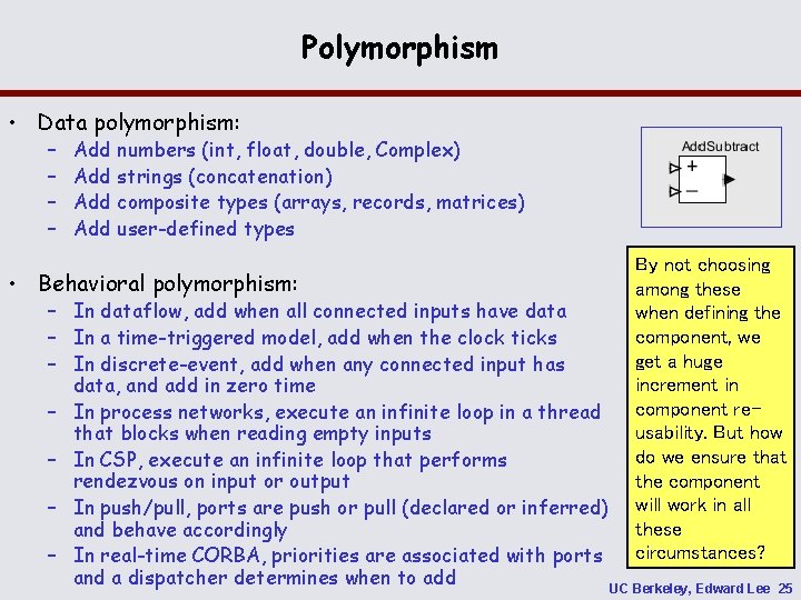Polymorphism • Data polymorphism: – – Add numbers (int, float, double, Complex) Add strings