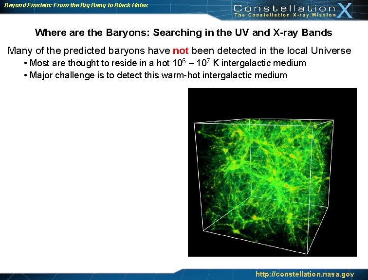 Beyond Einstein: From the Big Bang to Black Holes Where are the Baryons: Searching