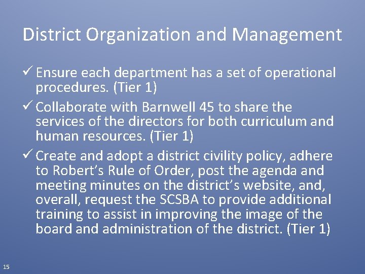 District Organization and Management ü Ensure each department has a set of operational procedures.