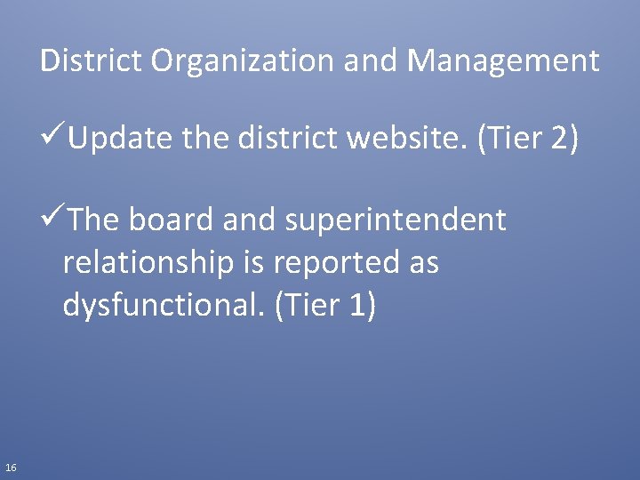 District Organization and Management üUpdate the district website. (Tier 2) üThe board and superintendent