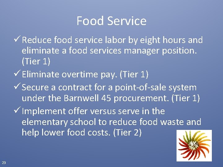 Food Service ü Reduce food service labor by eight hours and eliminate a food