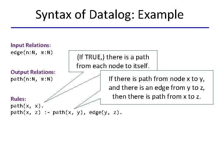 Syntax of Datalog: Example Input Relations: edge(n: N, m: N) Output Relations: path(n: N,