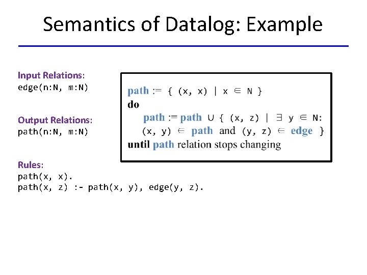 Semantics of Datalog: Example Input Relations: edge(n: N, m: N) Output Relations: path(n: N,