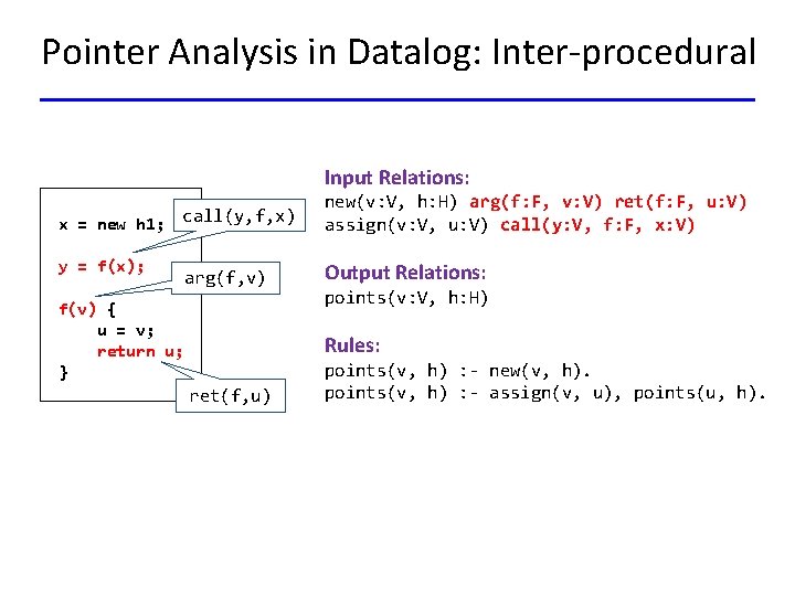 Pointer Analysis in Datalog: Inter-procedural Input Relations: x = new h 1; call(y, f,