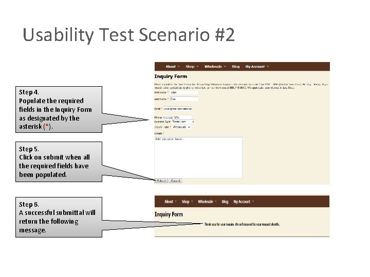 Usability Test Scenario #2 Step 4. Populate the required fields in the Inquiry Form Usability Test Scenario #2 Step 4. Populate the required fields in the Inquiry Form