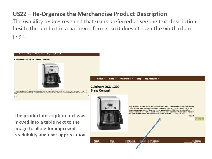 US 22 – Re-Organize the Merchandise Product Description The usability testing revealed that users US 22 – Re-Organize the Merchandise Product Description The usability testing revealed that users