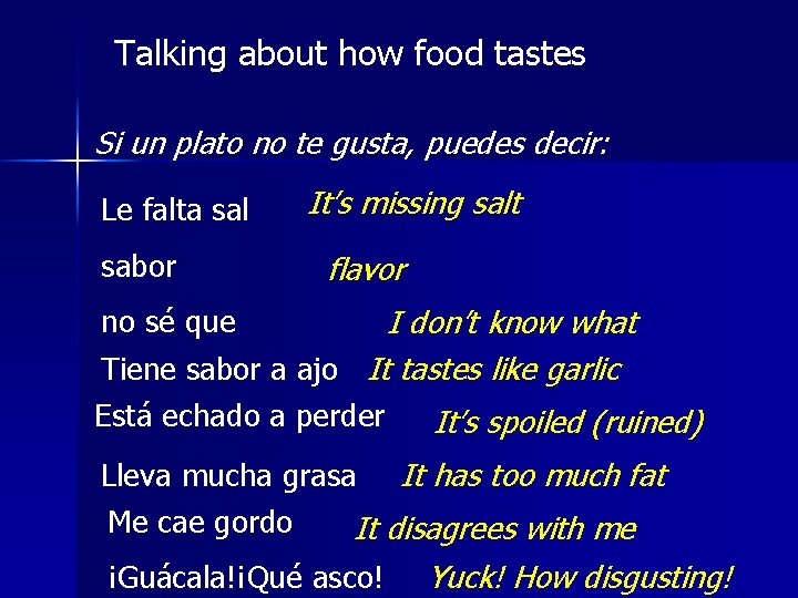 Talking about how food tastes Si un plato no te gusta, puedes decir: Le