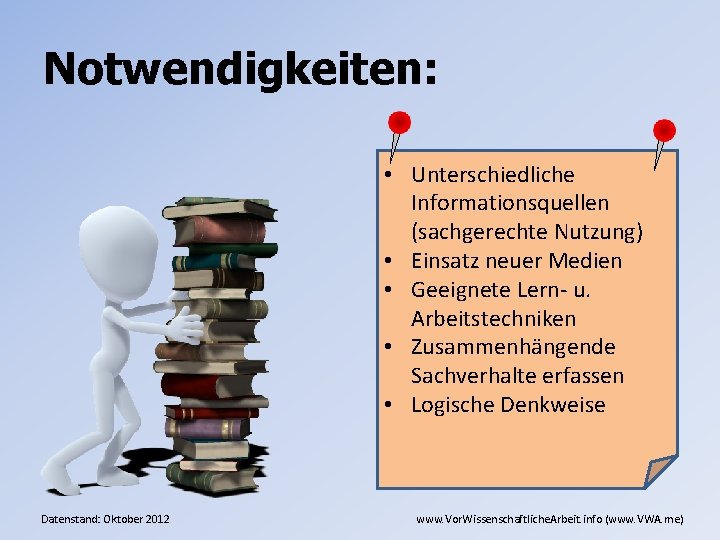 Notwendigkeiten: • Unterschiedliche Informationsquellen (sachgerechte Nutzung) • Einsatz neuer Medien • Geeignete Lern- u.