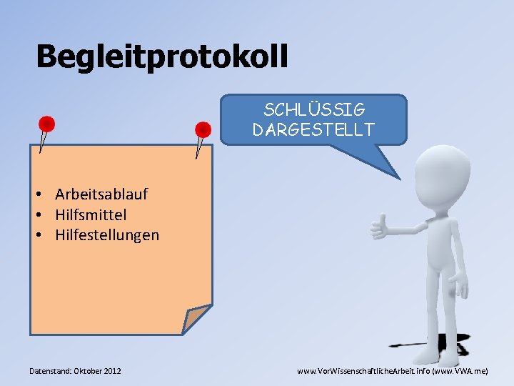 Begleitprotokoll SCHLÜSSIG DARGESTELLT • Arbeitsablauf • Hilfsmittel • Hilfestellungen Datenstand: Oktober 2012 www. Vor.