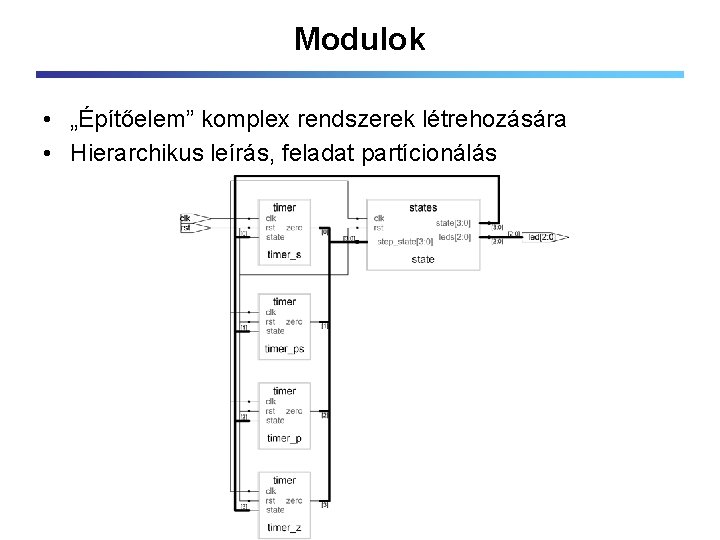 Modulok • „Építőelem” komplex rendszerek létrehozására • Hierarchikus leírás, feladat partícionálás 
