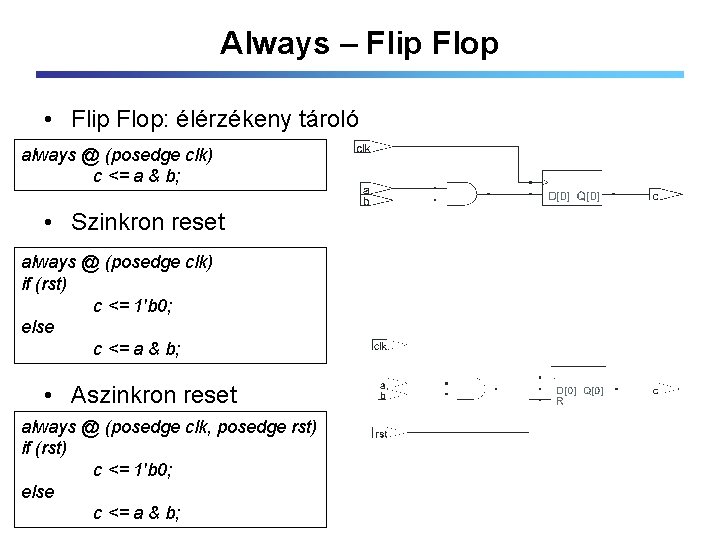 Always – Flip Flop • Flip Flop: élérzékeny tároló always @ (posedge clk) c