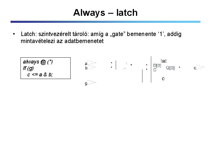 Always – latch • Latch: szintvezérelt tároló: amíg a „gate” bemenente ‘ 1’, addig