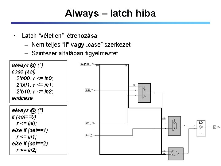 Always – latch hiba • Latch “véletlen” létrehozása – Nem teljes “if” vagy „case”