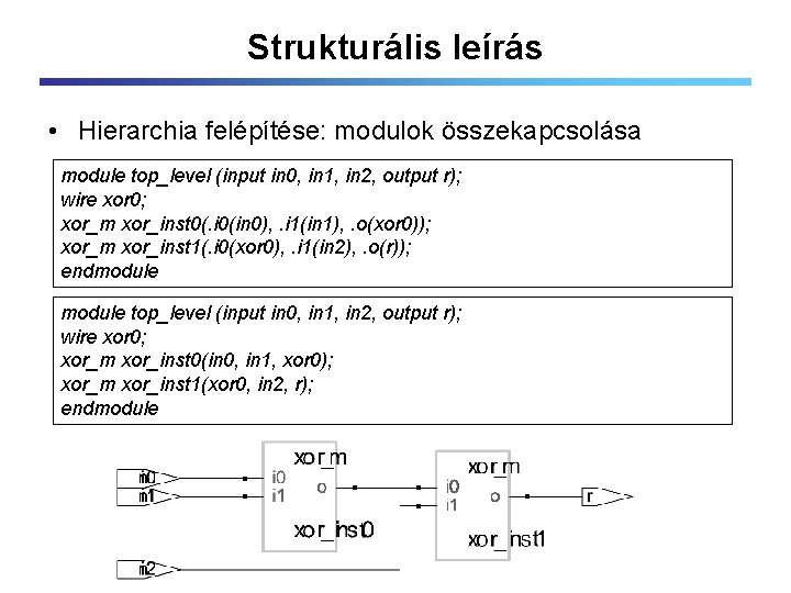 Strukturális leírás • Hierarchia felépítése: modulok összekapcsolása module top_level (input in 0, in 1,