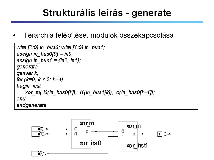 Strukturális leírás - generate • Hierarchia felépítése: modulok összekapcsolása wire [2: 0] in_bus 0;